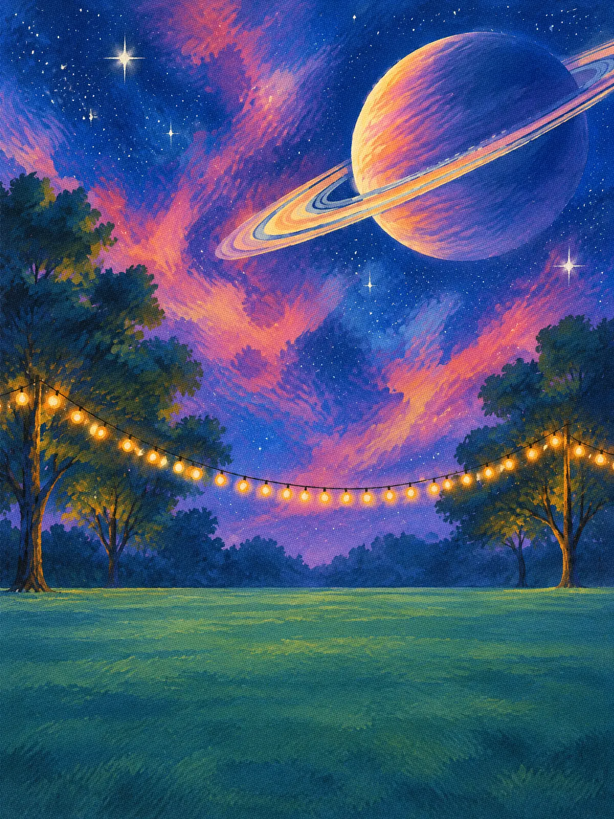 Rookie card art: a twilight park lawn under festival string lights and a ringed planet, where the trailer parks.